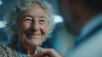 Smiling elderly Caucasian woman with gray curly hair looking warmly at camera in soft indoor lighting. Senior healthcare patient consultation concept.