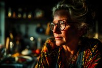 Senior woman with glasses working late at night in workshop, focused craftsperson in creative studio space with warm lighting and tools in background.