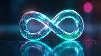 Glowing infinity symbol with sparkles and reflection in neon blue and pink colors against dark background, abstract mathematical concept visualization.