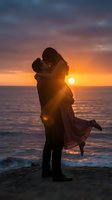 Romantic couple silhouette embracing at ocean sunset with golden sky and waves creating intimate moment for love and relationship concepts.