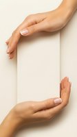 Female hands with natural manicure framing blank cream card on neutral background, suitable for beauty, skincare, cosmetics, wellness and product promotion advertising campaigns.
