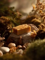 Natural honeycomb soap bar on stone surrounded by moss and autumn foliage in warm earthy tones, ideal for organic skincare marketing.