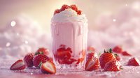 Pink strawberry milkshake with whipped cream and fresh berries on sparkling background for summer dessert menu and beverage advertising campaigns.