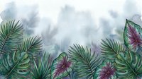 Tropical foliage border with green palm leaves and magenta flowers against soft watercolor background, suitable for invitations, stationery, and design projects.