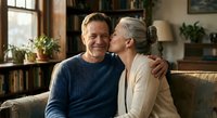Happy senior Caucasian couple embracing on couch in cozy living room with natural light. Mature man and woman showing affection and love at home.