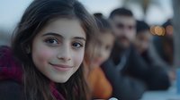 Young Middle Eastern girl with bright smile wearing burgundy sweater in foreground, with blurred group of people behind her creating depth of field effect.