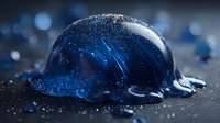 Blue translucent slime with glitter sparkles on dark surface with bokeh lights background for science fiction and fantasy projects.