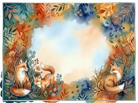 Watercolor autumn frame with cute foxes, fall foliage, and floral elements surrounding a blank center space for text or design.