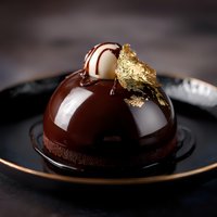 Luxurious chocolate dome dessert with mirror glaze, white chocolate truffle and gold leaf garnish on dark plate, elegant patisserie creation for fine dining.