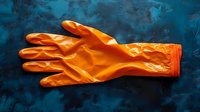 Orange rubber glove on textured blue background for cleaning, household chores, protection, safety equipment, janitorial services, maintenance work.