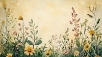 Vintage botanical illustration with wildflowers and herbs on aged paper background, featuring yellow daisies and purple lavender in watercolor style.