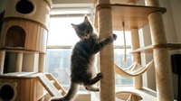 Playful tabby kitten climbing on wooden cat tree with multiple levels and scratching posts near bright window with natural daylight for pet care and feline entertainment.