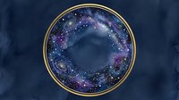 Cosmic galaxy circle with gold frame on dark blue watercolor background, featuring swirling nebula, stars, and deep space elements.