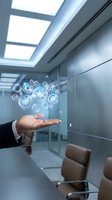 Businessman hand presenting holographic gear mechanism in modern conference room representing innovation and digital transformation in corporate environment.