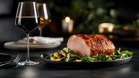 Roasted pork tenderloin wrapped in bacon served with sauteed vegetables and red wine on dark plate. Elegant restaurant setting with candlelight atmosphere.
