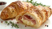 Flaky butter croissant filled with melted cheese and ham, cut to show layers, garnished with fresh herbs and peppercorns on white background. Macro food photography.