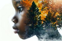 Double exposure portrait of young African woman combined with autumn forest landscape, pine trees and golden foliage creating dreamy nature fusion effect.