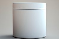 White cylindrical cosmetic jar container on neutral background, minimalist product mockup for skincare, beauty packaging design and branding presentations.