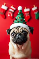 Adorable pug wearing festive green Christmas tree hat against red background with hanging stockings. Close up portrait shows expressive eyes and wrinkled face.