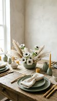Elegant dining table setting with white anemone flowers and pampas grass centerpiece in sage green ceramic vase, natural linen napkins and earth tone tableware.