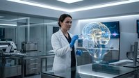 Female scientist examining holographic brain model in modern laboratory for medical research and neuroscience technology applications.