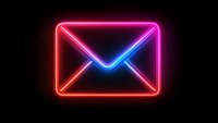 Glowing neon mail envelope icon in red and blue gradient on black background, modern digital communication symbol for apps and web design.