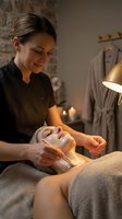Professional spa therapist applying facial mask treatment to relaxed client in luxury wellness center with warm ambient lighting and candles.