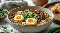 Asian ramen noodle soup bowl with soft boiled egg, minced meat, and fresh herbs in savory broth. Close up view of traditional comfort food meal.