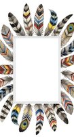 Ornamental feathers arranged in circular frame with white center space, featuring tribal patterns, stripes, and natural textures in earth tones and jewel colors. Isolated design element for invitations, posters, and creative projects.
