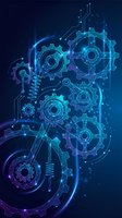 Digital technology gears and circuit board pattern in blue neon light for futuristic engineering and automation concepts on dark background.