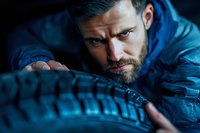 Intense close-up portrait of bearded man in blue jacket examining tire tread pattern in dramatic lighting, conveying automotive expertise and inspection.