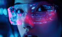Futuristic smart glasses displaying holographic interface with neon pink and blue lights reflecting on Asian woman face in dark cyberpunk setting.
