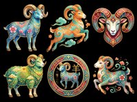 Colorful decorative ram and goat illustrations with ornate patterns, floral details, and traditional folk art styling. Isolated on transparent background, ready for t-shirt design, clipart, stickers, sublimation, and print-on-demand projects.