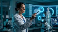 Female doctor analyzing holographic medical data and human anatomy model in futuristic laboratory with advanced technology displays and digital interface.