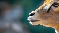 Close-up profile portrait of brown goat head with amber eye and distinctive facial features against blurred natural background, showing detailed texture of fur.