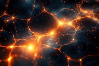 Glowing orange neural network connections on dark background with luminous synapses and energy paths forming abstract pattern of interconnected nodes.