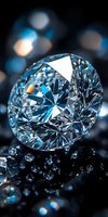 Brilliant cut diamond with blue tint against dark background, sparkling with light reflections and surrounded by smaller gemstones.