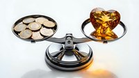 Balance scale with gold coins and heart-shaped amber gemstone, symbolizing value, wealth, and love comparison on white background.