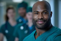 Confident African American male doctor in scrubs smiling at camera with medical team in hospital background for healthcare and teamwork concepts.