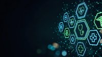 Digital healthcare technology concept with glowing hexagonal medical icons on dark background for modern medicine and telemedicine applications.