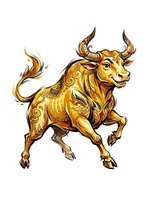 Ornate golden bull with decorative swirling patterns and curved horns, isolated on white background. Suitable for clipart, t-shirt designs, logos, and graphic applications.