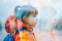 Young Caucasian woman in bright orange winter jacket and blue backpack gazing into distance against blurred bokeh background with dreamy double exposure effect.