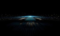 Futuristic glowing grid horizon with light particles floating in dark space, creating perspective lines and digital landscape for technology concepts.