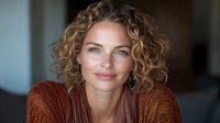 Young Caucasian woman with natural curly blonde hair and blue eyes wearing brown knit sweater smiling at camera in soft window light, professional headshot portrait.