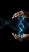 Hands of middle-aged male holding glowing DNA helix structure against dark background. Represents genetic research, biotechnology, and scientific innovation for medical and educational use.
