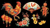 Colorful rooster, decorative fan, lanterns, and floral ornaments isolated on transparent background. Ready for t-shirt design, clipart, stickers, sublimation, and print-on-demand projects.