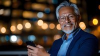 Senior Asian businessman smiling while using smartphone at night, bokeh city lights background, successful executive portrait in blue blazer.