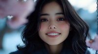 Young Asian woman with wavy dark hair smiling warmly at camera with soft bokeh background for lifestyle and beauty content.