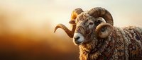 Majestic ram with ornate spiral horns and decorative patterns stands against golden sunset sky creating powerful wildlife portrait for nature designs.