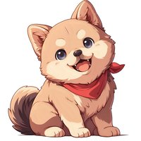 Adorable cartoon puppy with big blue eyes and red bandana, smiling playfully. Kawaii style illustration on white background, suitable for children's designs and merchandise.